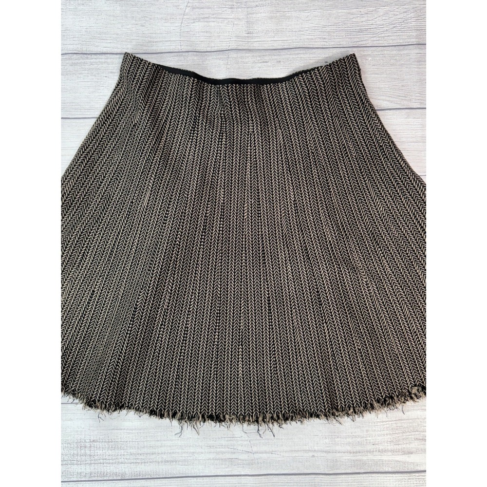 Vila Milano XL Black Tan Chevron Herringbone Knit A-Line Skirt Raw Fringe Hem - Picture 5 of 10